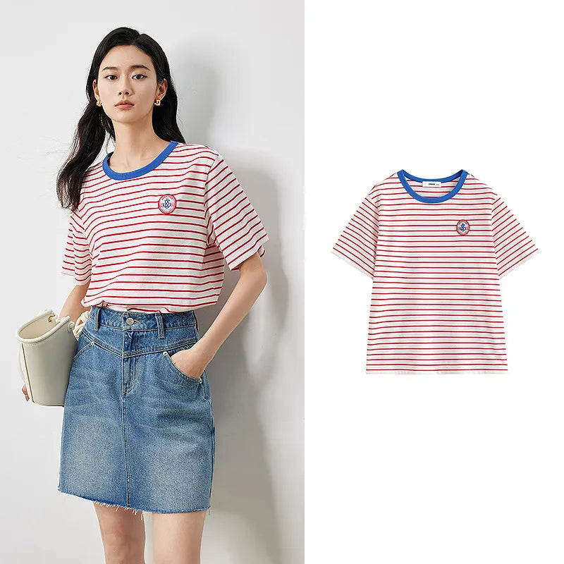 TOYOUTH Women T Shirts 2026 Summer New Striped Short Sleeve Age Reducing College Style Crew Neck Tops