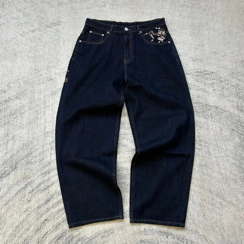 2025 autumn new European and American jeans embroidered pattern loose and personalized street Harajuku straight trousers