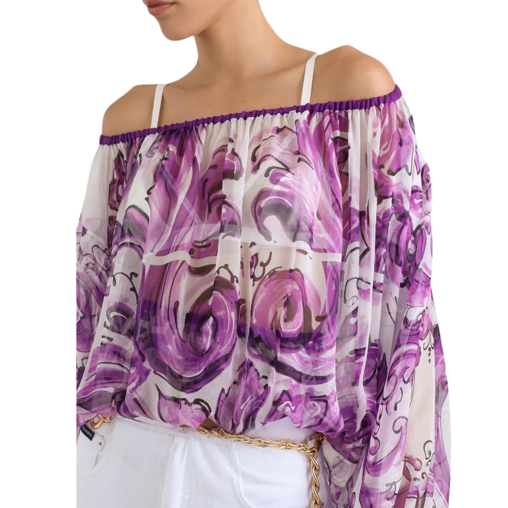Boho Chic Summer Silk Blouse for Women | Off Shoulder Flowy Beach Vacation Top | Luxury Designer Loose Fit Printed Shirt