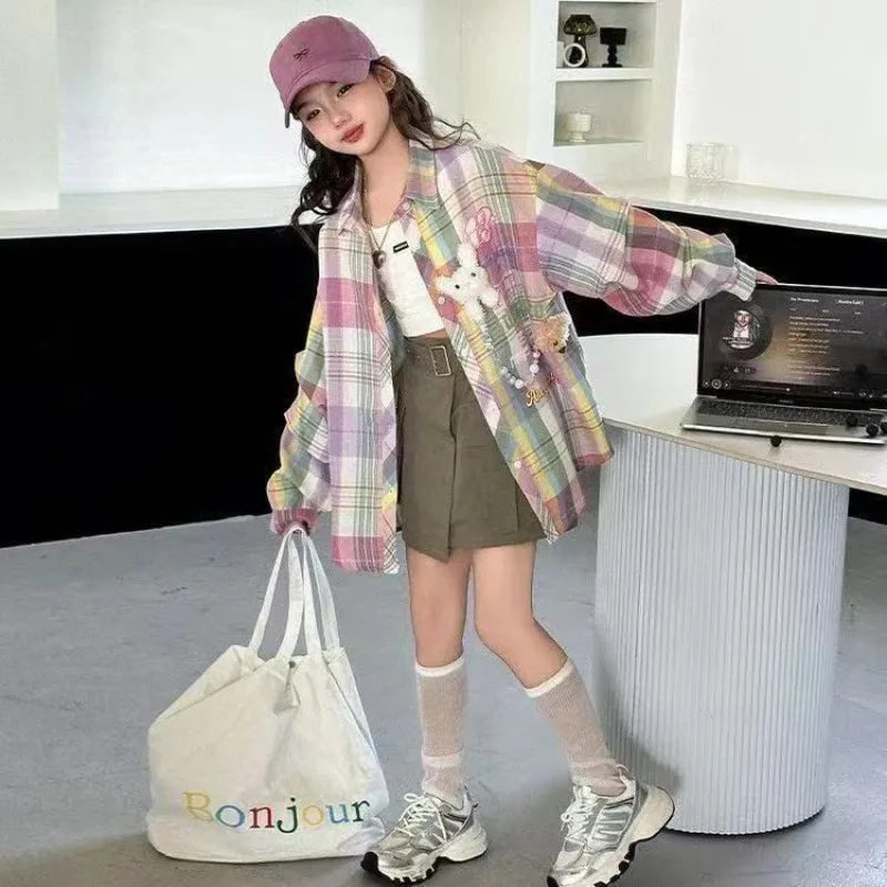 Plaid Shirt for Tween Girls 2025 Spring Casual Floral Print Long Sleeve Outerwear Children's Garment Trendy