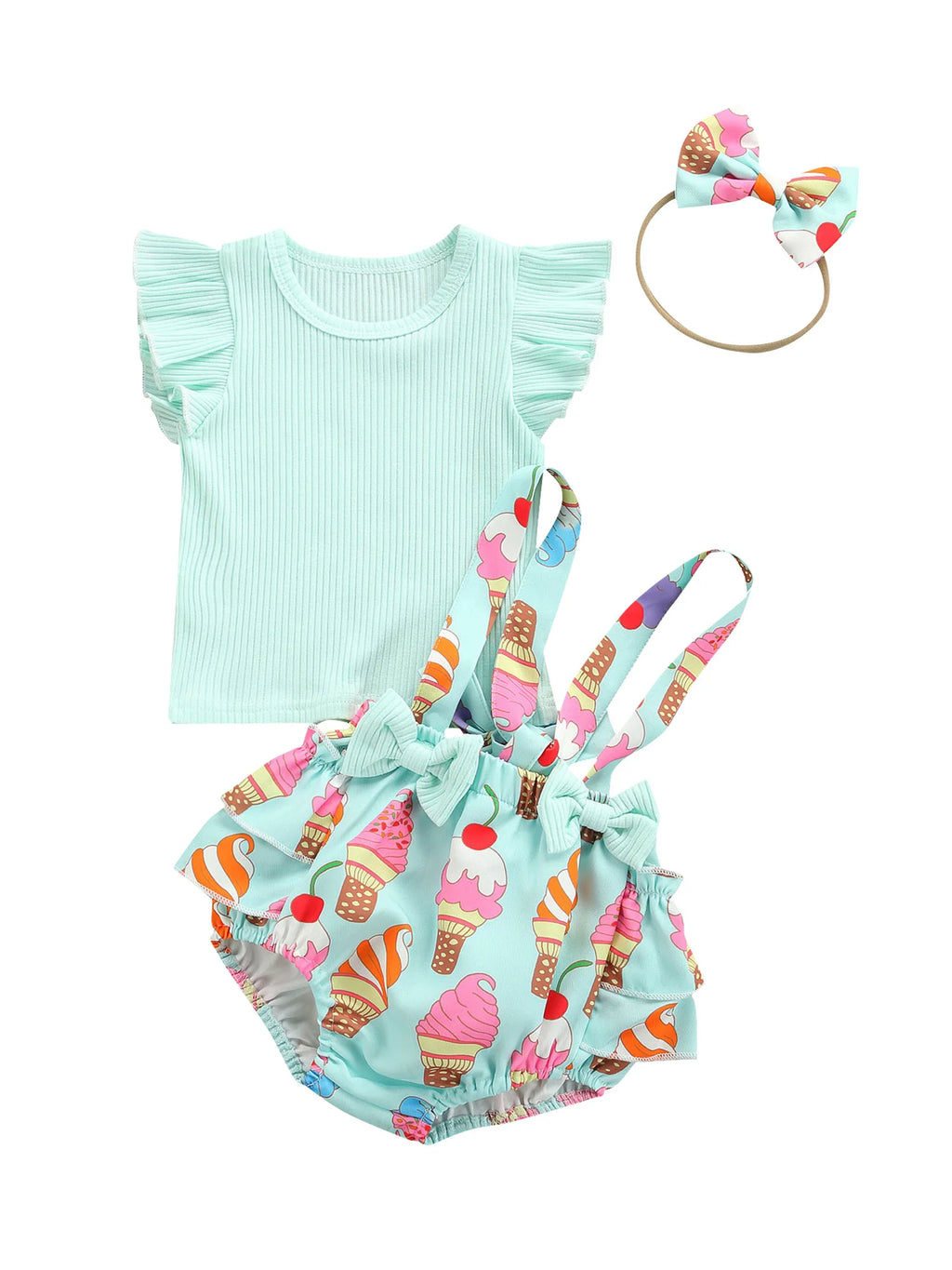2Pcs Baby Girls Summer Outfits Fly Sleeve Rib Knit Tops Bow Suspender Skirt Set