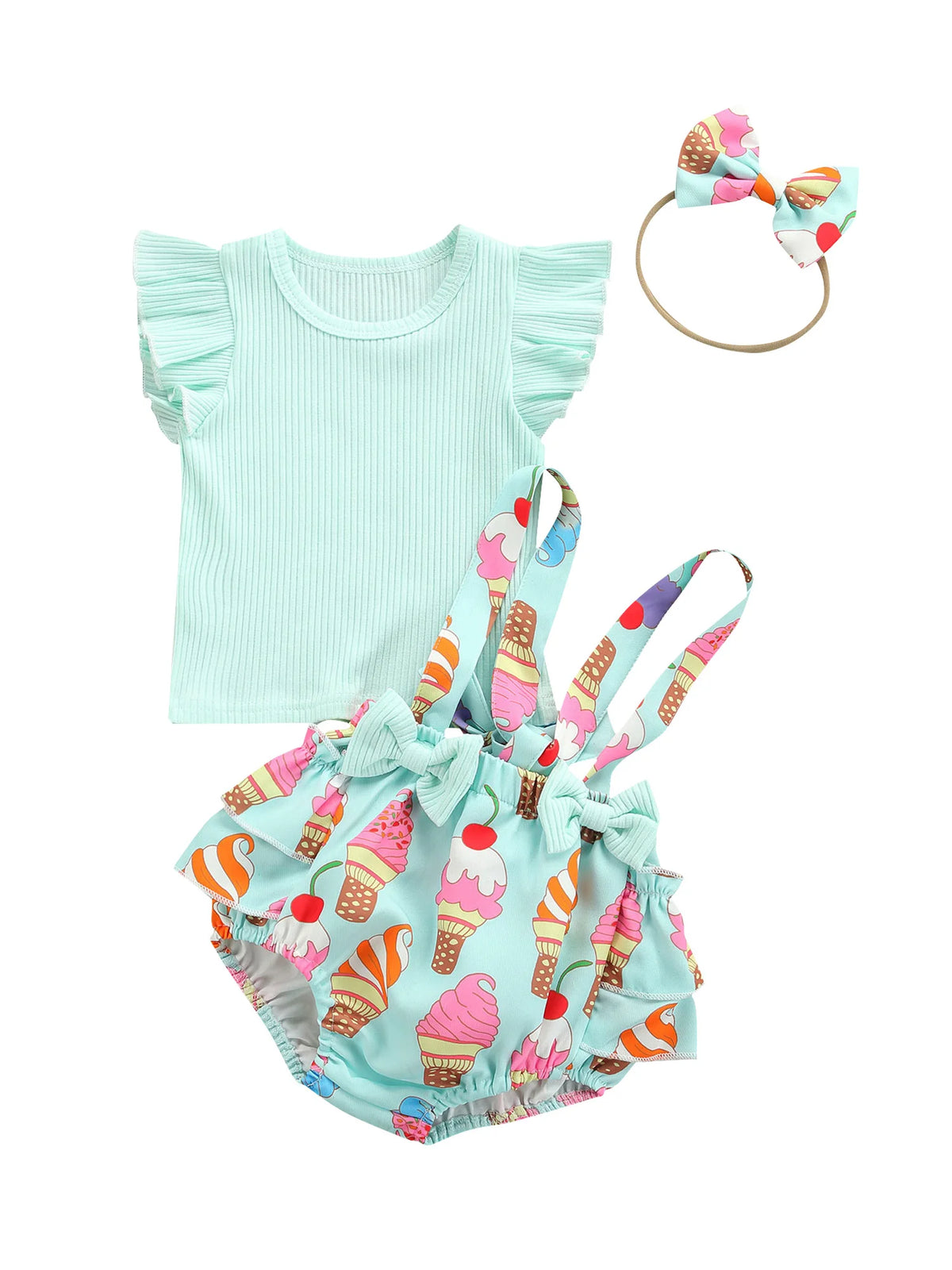 2Pcs Baby Girls Summer Outfits Fly Sleeve Rib Knit Tops Bow Suspender Skirt Set