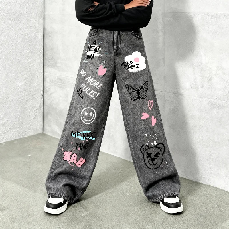 Girls' Y2K Cartoon Graffiti Print Wide Leg Faux Jeans - Teen Fashion Loose Fit Faux Jeans with Smiley Face, Butterfly and Bear P