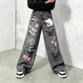 Girls' Y2K Cartoon Graffiti Print Wide Leg Faux Jeans - Teen Fashion Loose Fit Faux Jeans with Smiley Face, Butterfly and Bear P