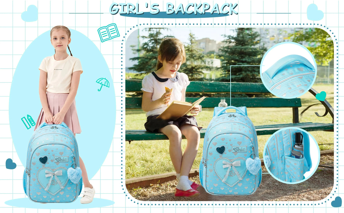 3PCS Girls School Backpack Set with Lunch Tote and Pencil Case Lightweight Elementary Bookbag for Kids Back To School Mochila