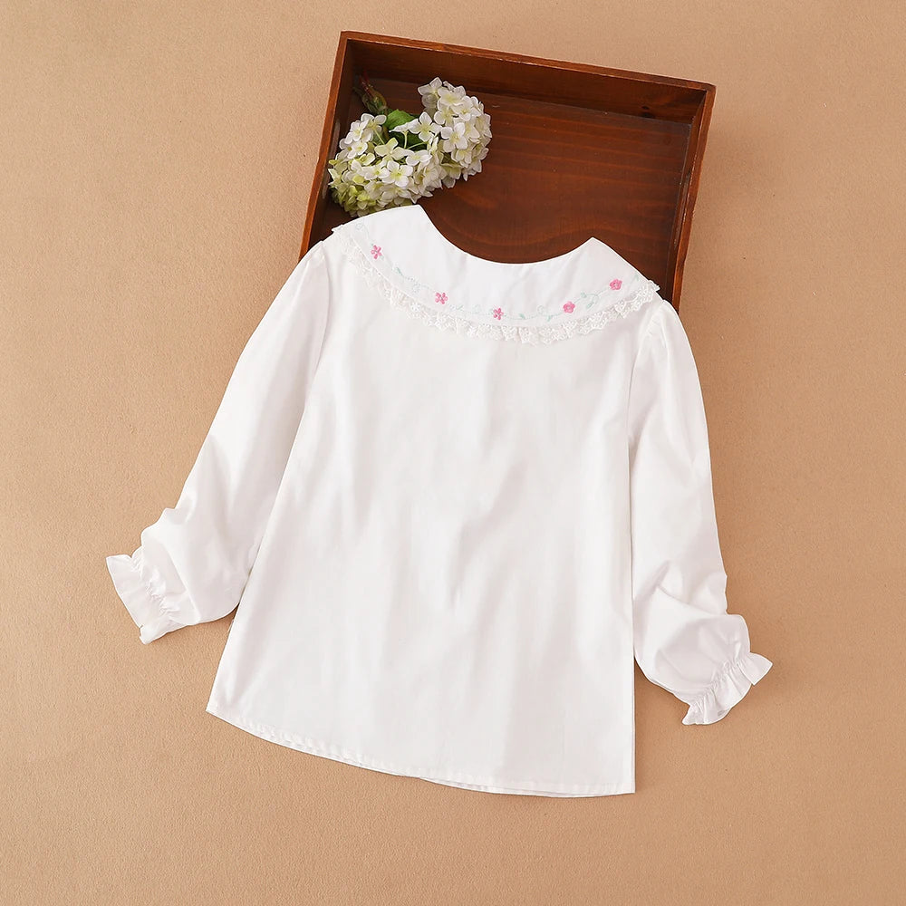 Girls Shirt 2025 Spring Autumn New Arrival Lace Collar Clothes Kids College Style Blouses for 5-12 Years