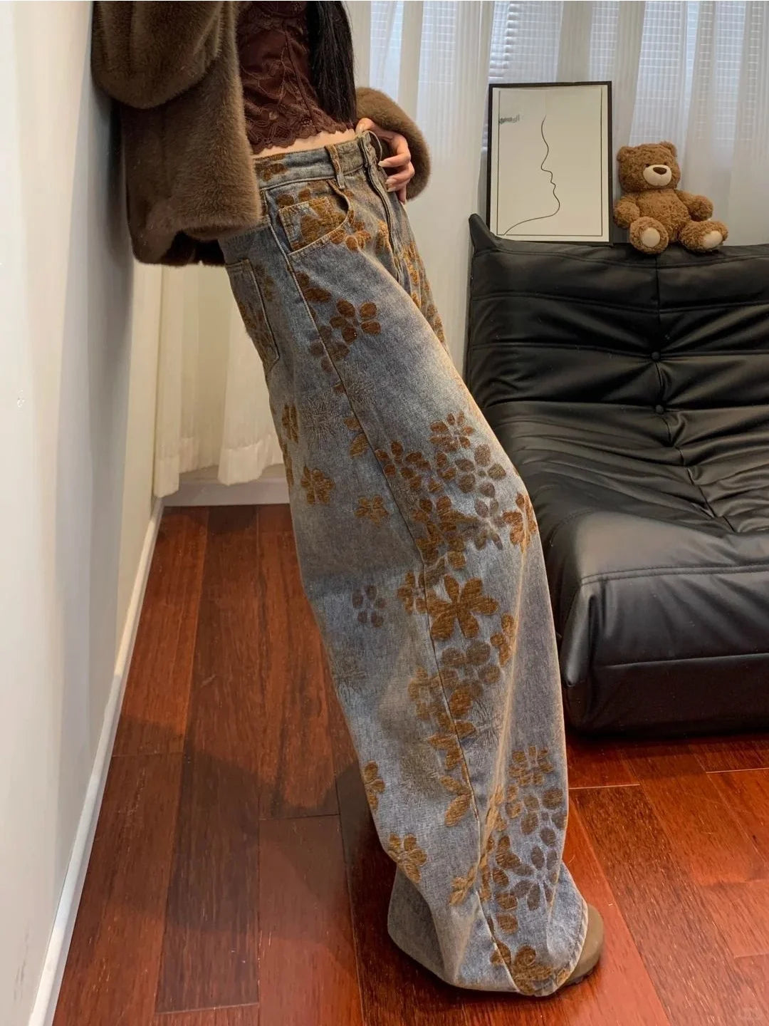 Retro American Design Embroidered Fleece High Waist Loose Wide Leg Thickened Jeans High Waist Ladies Casual Pants