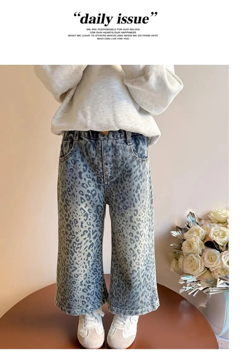 Girls Pants Spring Clothing New Children's Fashionable Jeans Leopard Pattern Wide Legs for Baby Girls