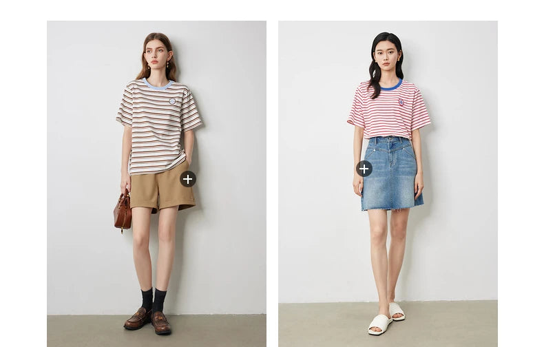 TOYOUTH Women T Shirts 2026 Summer New Striped Short Sleeve Age Reducing College Style Crew Neck Tops