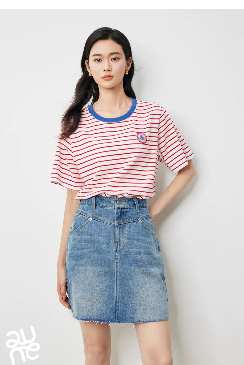 TOYOUTH Women T Shirts 2026 Summer New Striped Short Sleeve Age Reducing College Style Crew Neck Tops