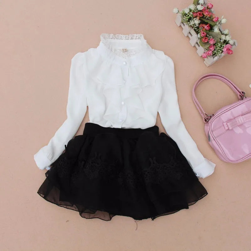 Spring Autumn Baby Toddler Teen Girls Chiffon Lace Blouse White Clothes Children Long Sleeve Shirts School Girl Shirt Kids Tops