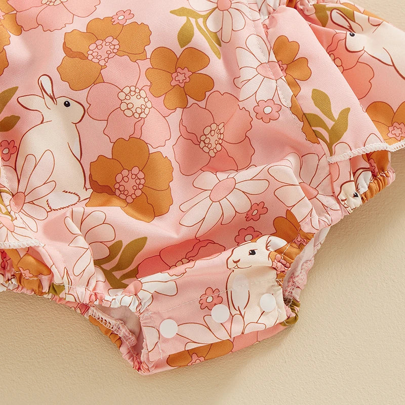 Baby Girls 2Pcs Easter Outfits Ruffle Sleeve Bunny Floral Print Romper Headband Set Newborn Clothes