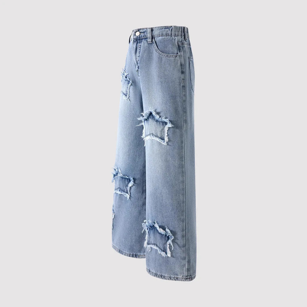 Girls Washed Wide Leg Jeans Kids Loose Trousers Stars Daily Casual Outerwear Elastic Waist Denim Pant Y2k Streetwear 2026 Summer