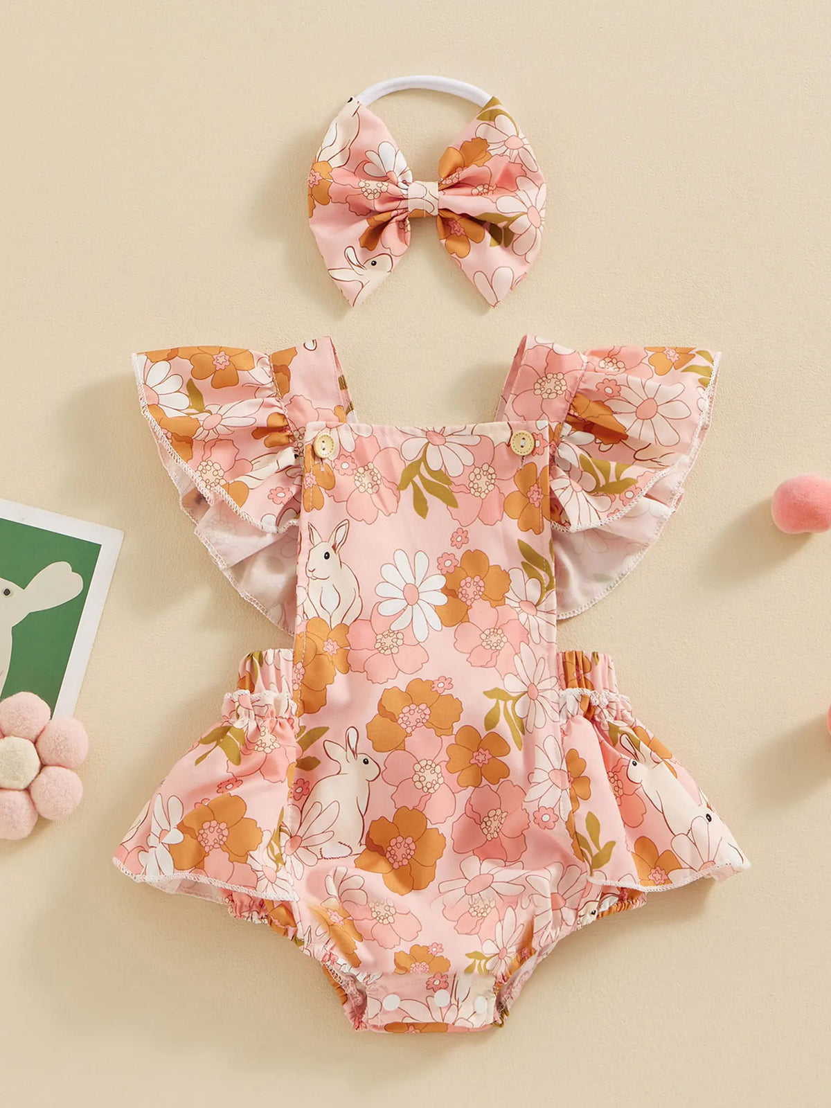 Baby Girls 2Pcs Easter Outfits Ruffle Sleeve Bunny Floral Print Romper Headband Set Newborn Clothes