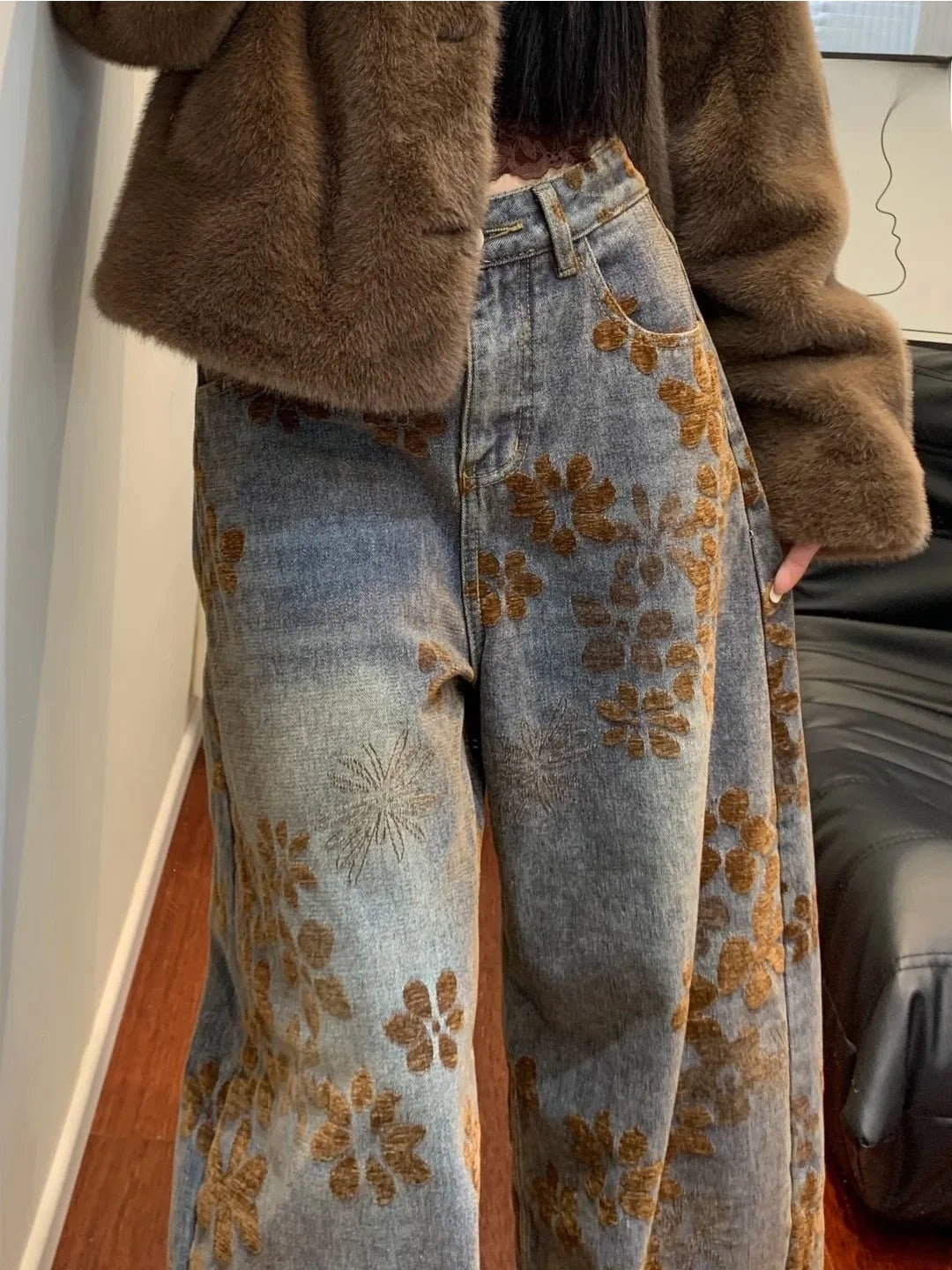 Retro American Design Embroidered Fleece High Waist Loose Wide Leg Thickened Jeans High Waist Ladies Casual Pants