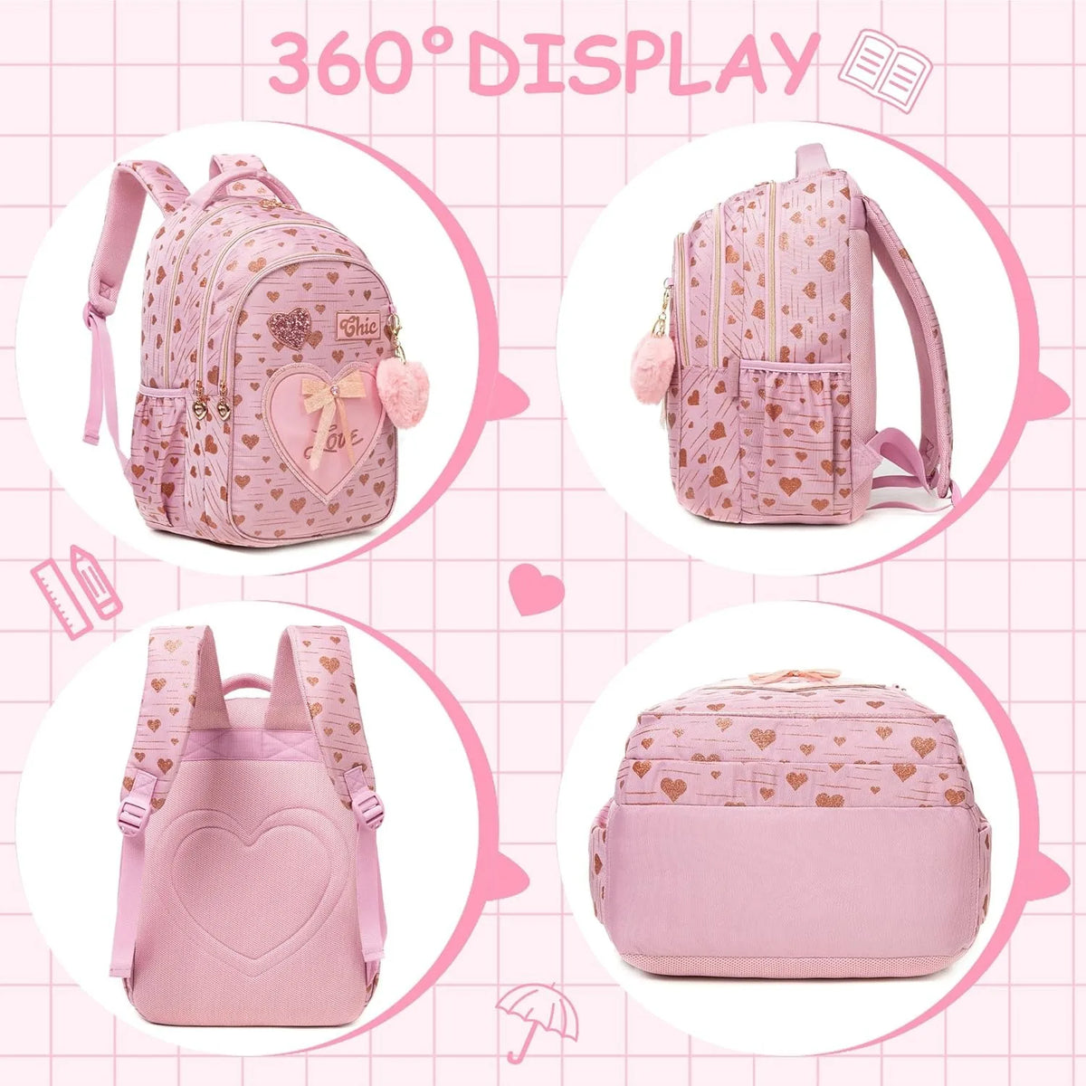 3PCS Girls School Backpack Set with Lunch Tote and Pencil Case Lightweight Elementary Bookbag for Kids Back To School Mochila
