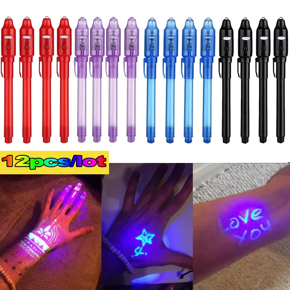 12pcs Invisible Ink Pen Spy Pen with UV Light Magic Marker for Secret Message Treasure Box Prizes Kids Party Favors Toys Gift