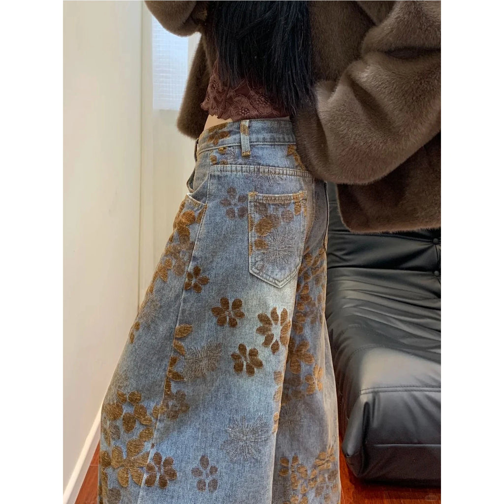 Retro American Design Embroidered Fleece High Waist Loose Wide Leg Thickened Jeans High Waist Ladies Casual Pants