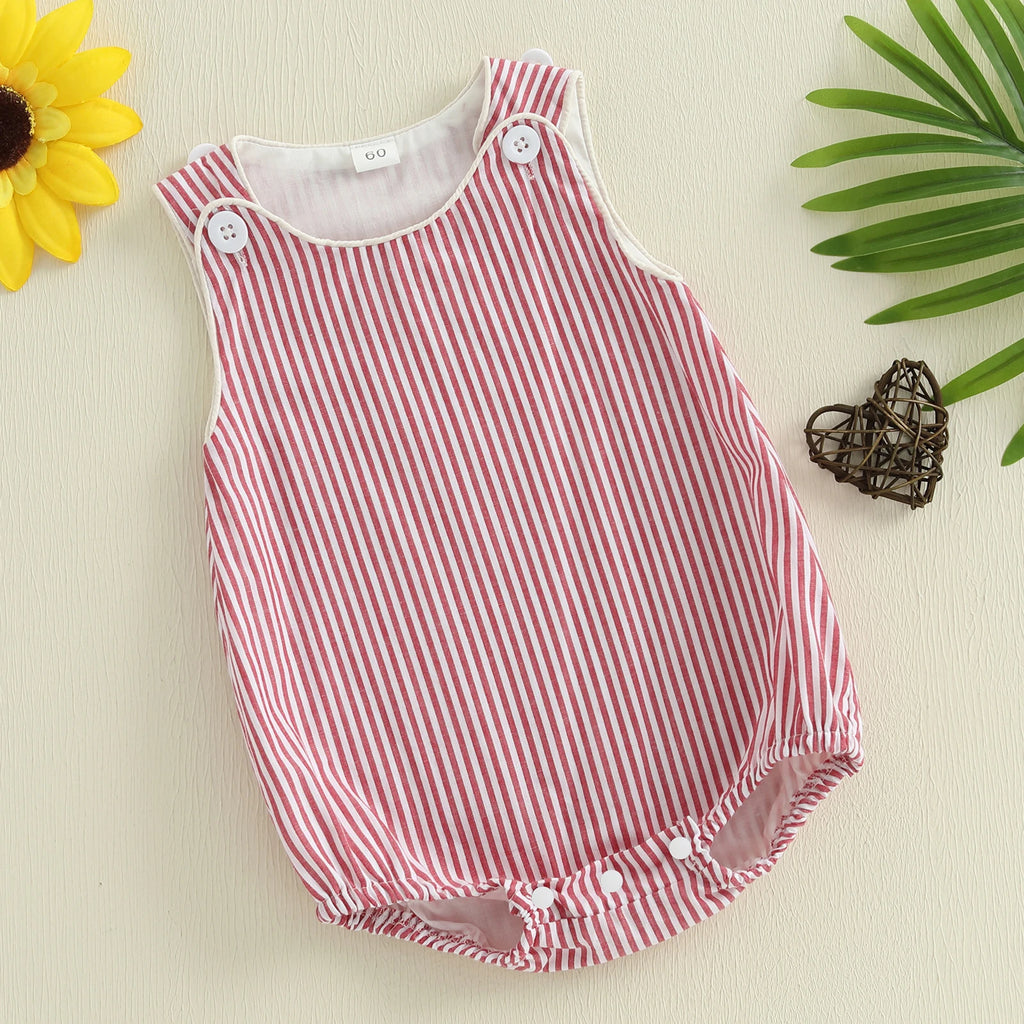 Baby Boy Romper Summer Sleeveless Round Neck Button Shoulder Stripes Print Romper Newborn Overalls