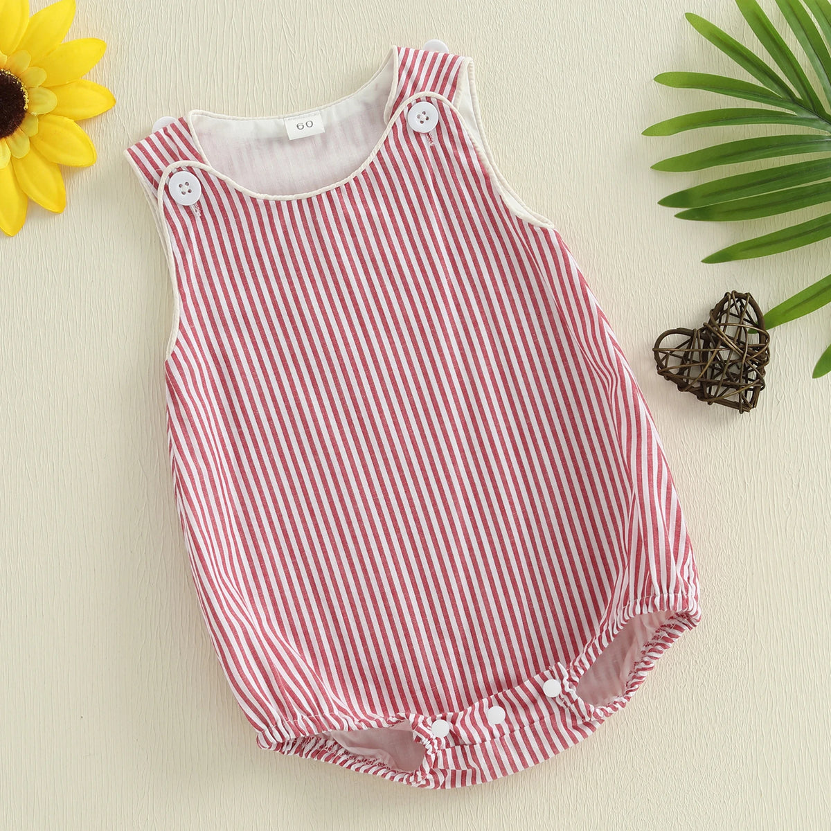 Baby Boy Romper Summer Sleeveless Round Neck Button Shoulder Stripes Print Romper Newborn Overalls
