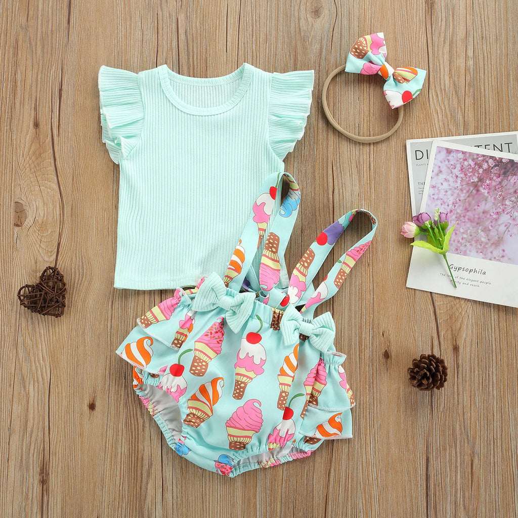 2Pcs Baby Girls Summer Outfits Fly Sleeve Rib Knit Tops Bow Suspender Skirt Set