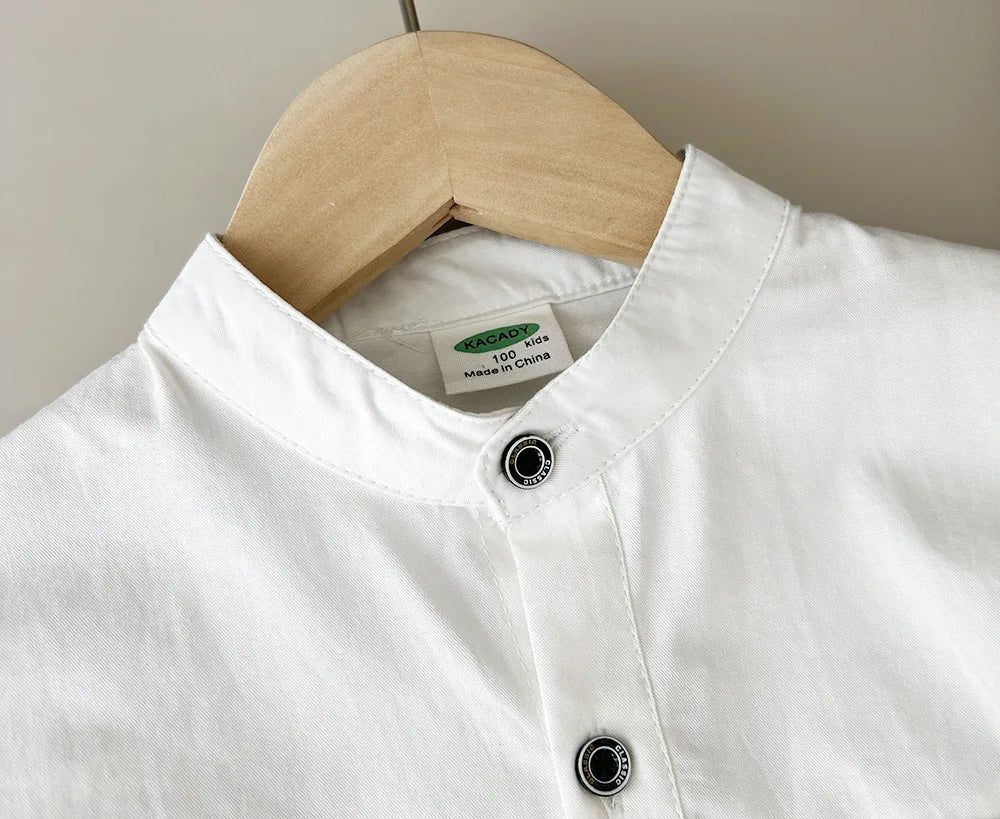 Teen Boys Shirt Coats Spring Autumn New Solid Color Single Breasted Stand Collar Long Sleeve Top For 3-10Y Kids Cotton Shirt
