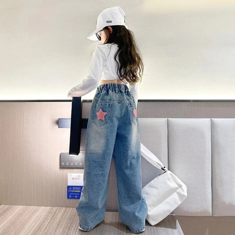 New 2024 Spring  Girls Jeans Stars Love Towel Embroidered wide Leg Long pants Baggy Denim Trousers for 4-13yrs Kids Girl