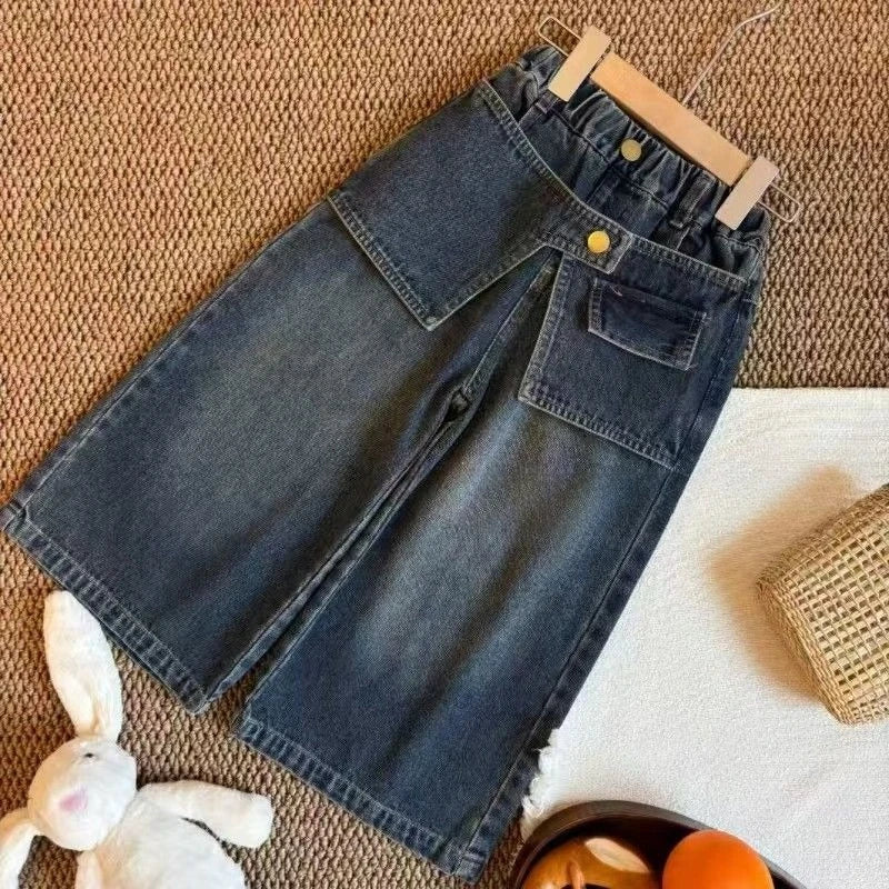 Kids Girls Wide Leg Jeans 2025 New Arrival CHildren Casual Loose False Two-piece Denim Trousers Spring Autumn Cotton Pants