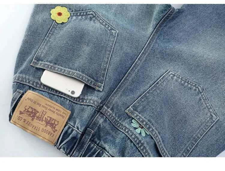 Teenagers Spring Girls Jeans Flower Children Trousers Autumn Girls Denim Wide Leg Pants Birthday Gifts 5-16 Years Kids Clothes