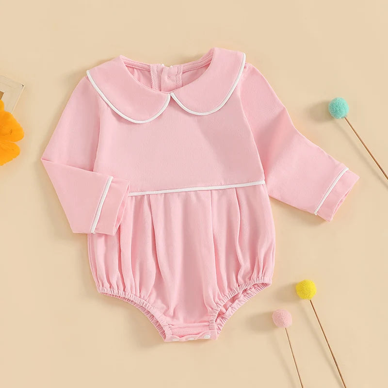 Pudcoco Baby Boys Girls Romper Long Sleeve Doll Collar Contrast Line Solid Color Bodysuit Newborn Playsuit