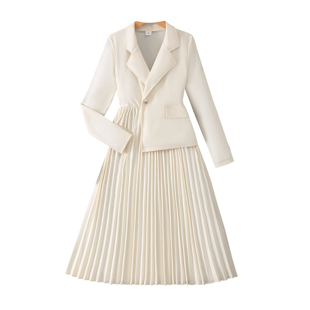 Teen Girls' 13-16Y Blazer Dress - Classic Cream Color, Asymmetrical Hem, Romantic & Elegant, Ideal for Formal Occasions, Stylish