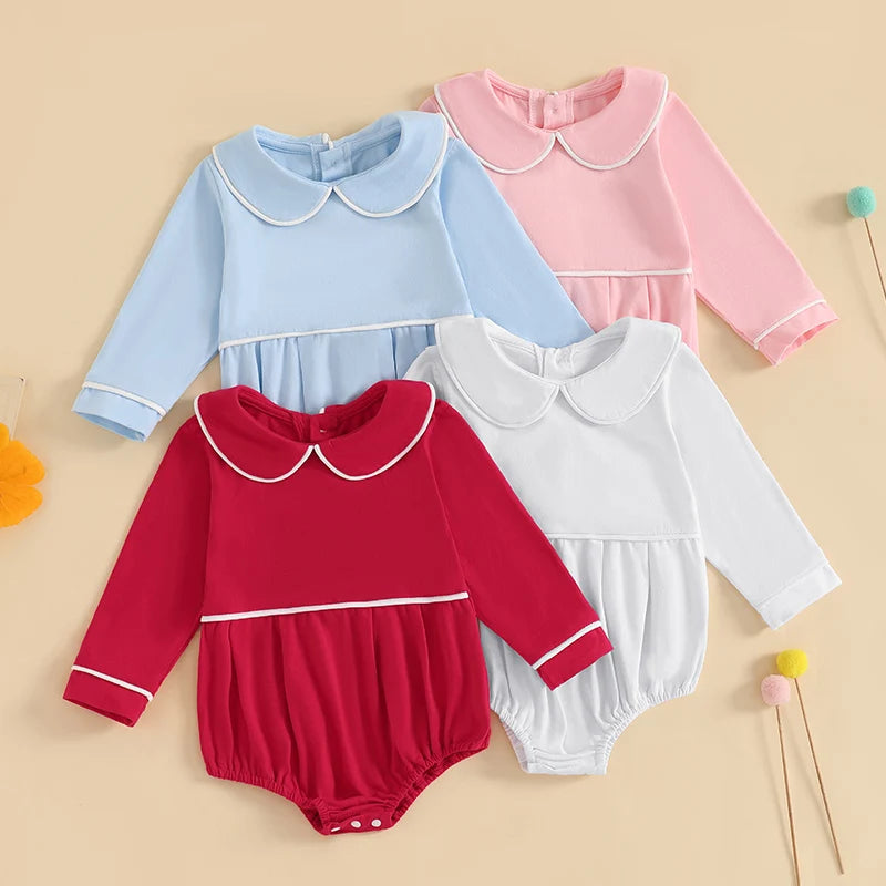 Pudcoco Baby Boys Girls Romper Long Sleeve Doll Collar Contrast Line Solid Color Bodysuit Newborn Playsuit