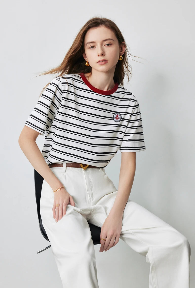 TOYOUTH Women T Shirts 2026 Summer New Striped Short Sleeve Age Reducing College Style Crew Neck Tops