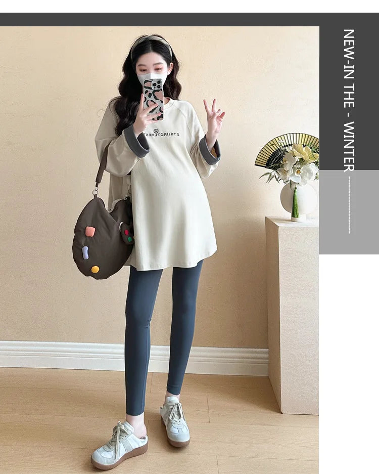 Maternity Clothes 2025 Spring And Autumn New Loose Soft Comfortable Casual Minimalist Letter Print Long Sleeve Crew Neck T Shirt
