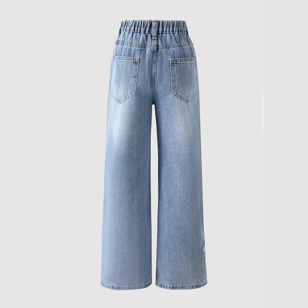Girls Washed Wide Leg Jeans Kids Loose Trousers Stars Daily Casual Outerwear Elastic Waist Denim Pant Y2k Streetwear 2026 Summer