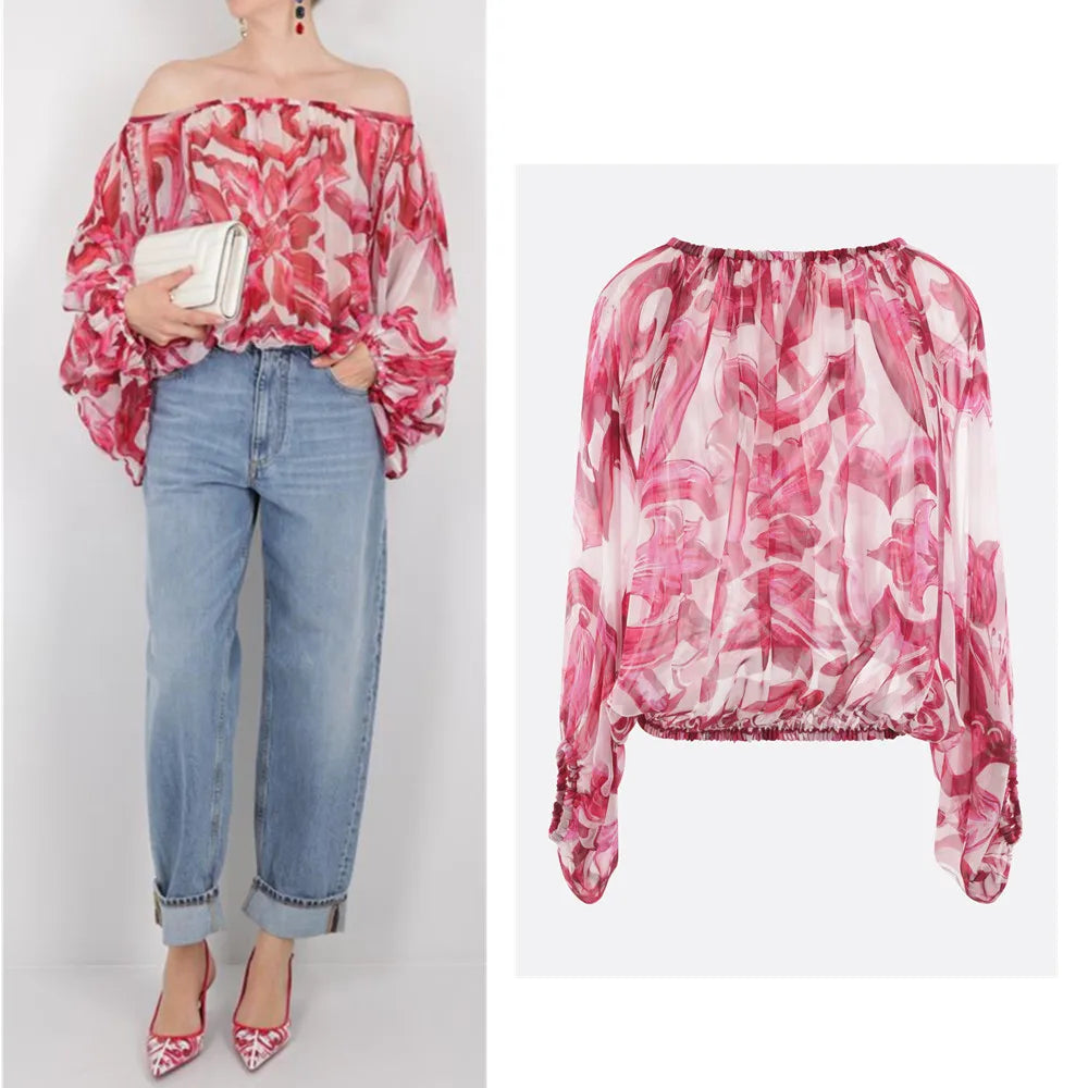 Boho Chic Summer Silk Blouse for Women | Off Shoulder Flowy Beach Vacation Top | Luxury Designer Loose Fit Printed Shirt
