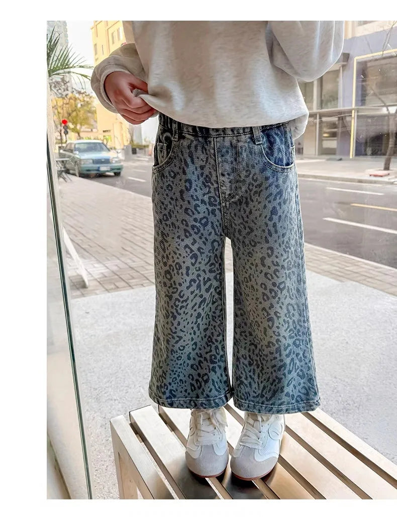Girls Pants Spring Clothing New Children's Fashionable Jeans Leopard Pattern Wide Legs for Baby Girls