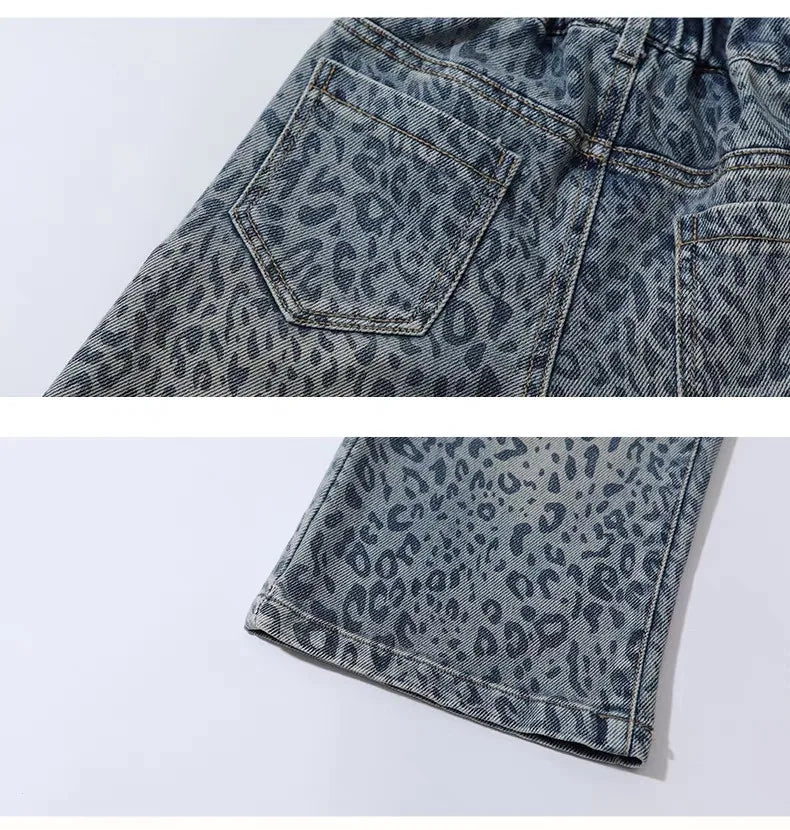 Girls Pants Spring Clothing New Children's Fashionable Jeans Leopard Pattern Wide Legs for Baby Girls