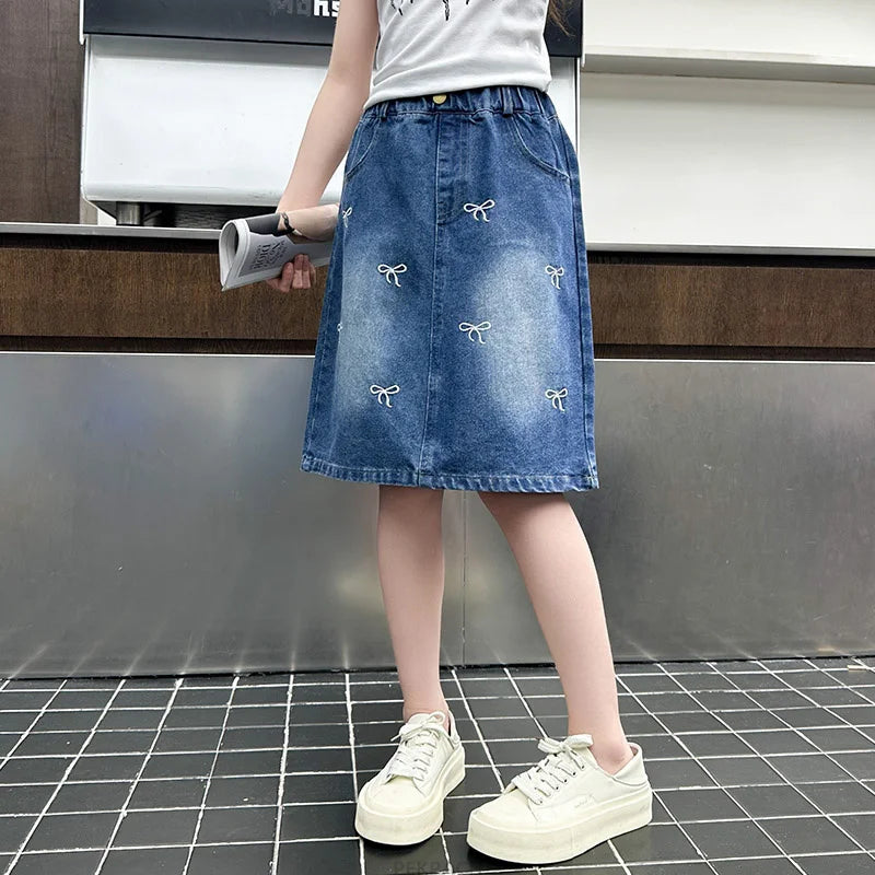 Summer Children vintage Denim Skirt for Teen Girl Fashion Pencil Skirts with Bow Knot For Kids Teenager Age 5 6 7 8 9 10 13 14Y