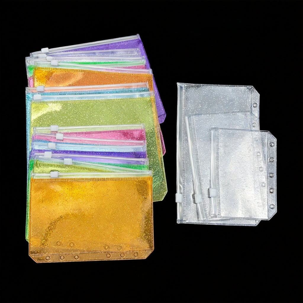 A5A6 Colorful Glitter Binder Pockets Binder Zipper Folders For 6-ring Notebook Binder Waterproof Pvc Leaf Document Filing Bag