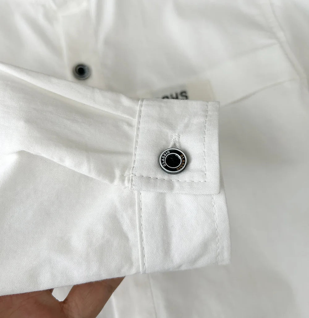 Teen Boys Shirt Coats Spring Autumn New Solid Color Single Breasted Stand Collar Long Sleeve Top For 3-10Y Kids Cotton Shirt