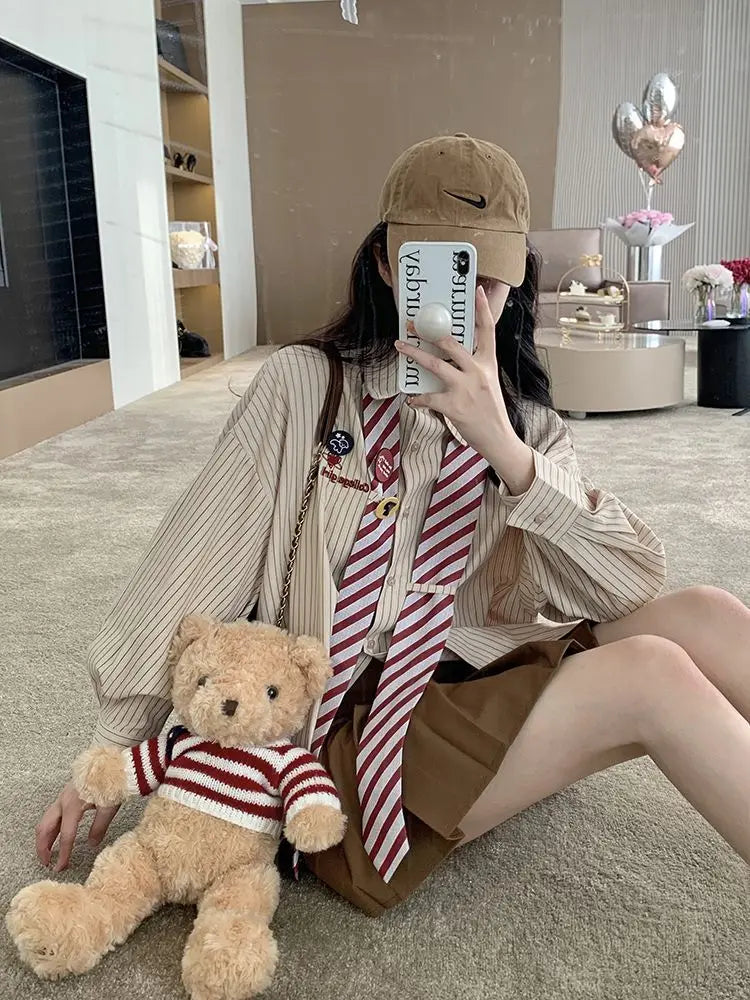 Striped Shirts Women Baggy Preppy Sweet Teens Youth Girlish Japanese Street Personal Designer Harajuku Ins Fashion Clothing Cozy