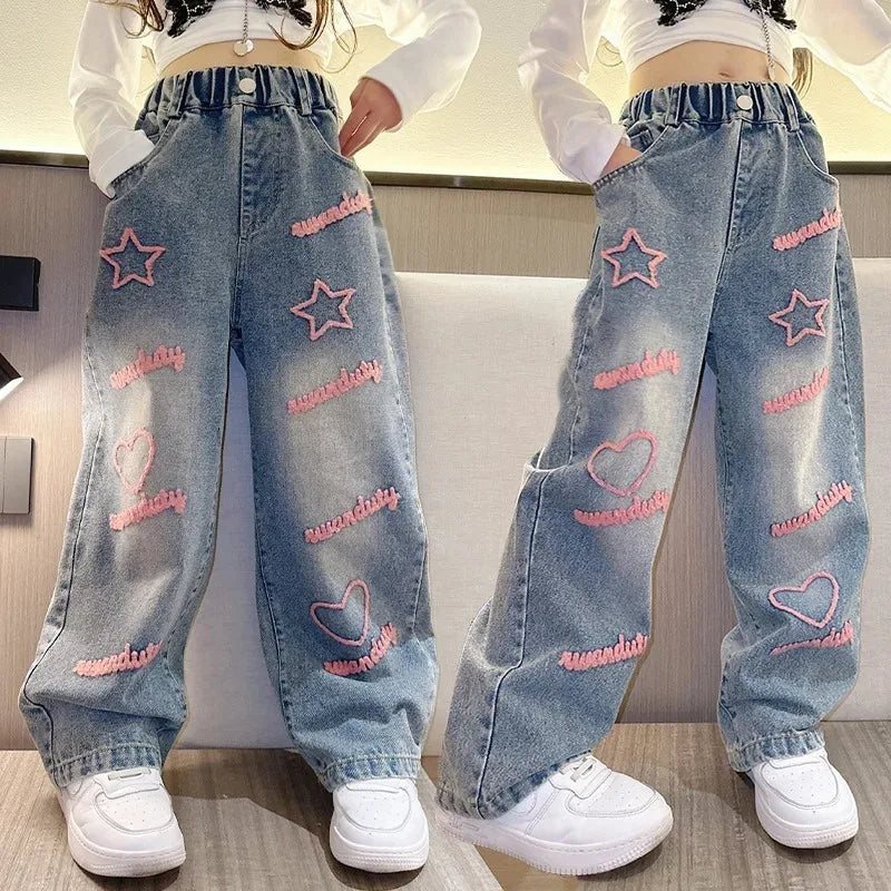 New 2024 Spring  Girls Jeans Stars Love Towel Embroidered wide Leg Long pants Baggy Denim Trousers for 4-13yrs Kids Girl