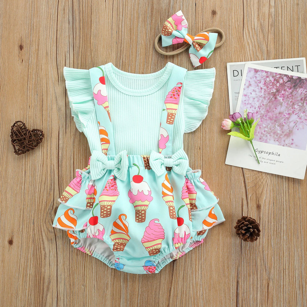 2Pcs Baby Girls Summer Outfits Fly Sleeve Rib Knit Tops Bow Suspender Skirt Set