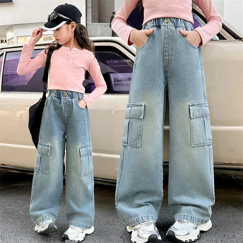 Girls Cargo Jeans Kids Wide-legged Denim Pants Teenagers Fashion Streetwear Loose Trousers Children Casual Clothes 5-12Y