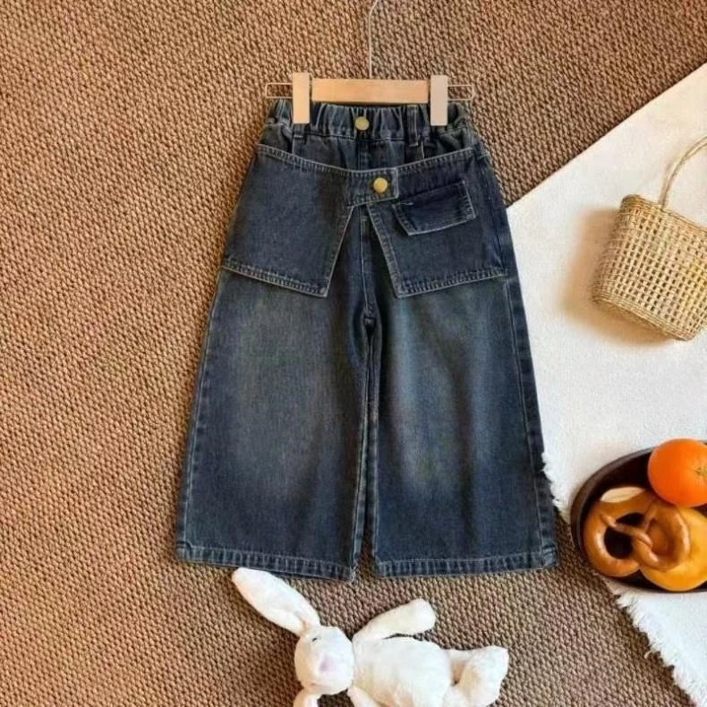 Kids Girls Wide Leg Jeans 2025 New Arrival CHildren Casual Loose False Two-piece Denim Trousers Spring Autumn Cotton Pants