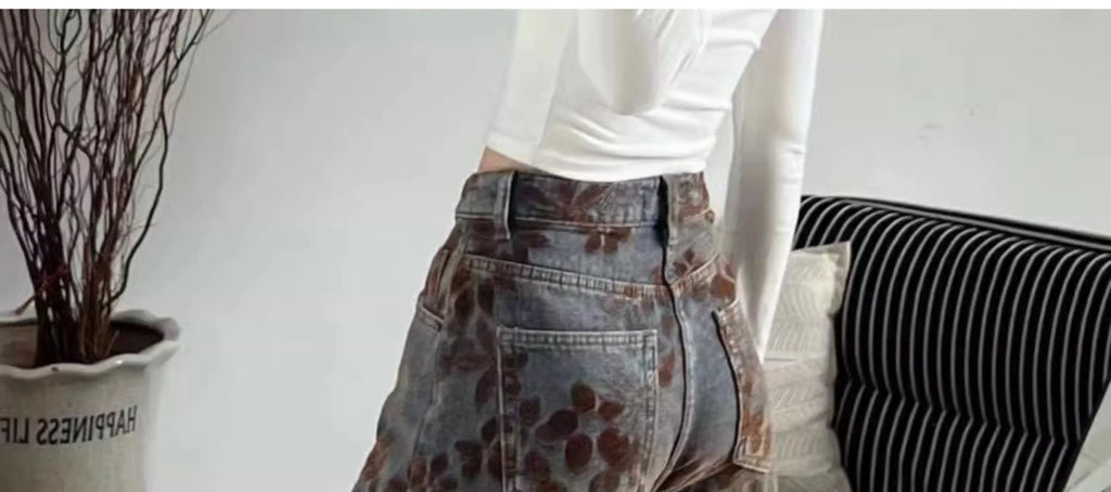 Retro Washed American Style Wide Leg Jeans Women's Loose Fit High Waist Floral Embroidery Design Casual Trousers for plus Size