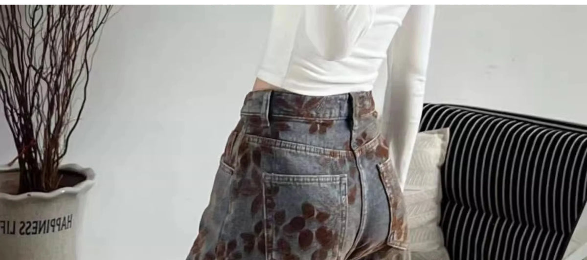 Retro Washed American Style Wide Leg Jeans Women's Loose Fit High Waist Floral Embroidery Design Casual Trousers for plus Size