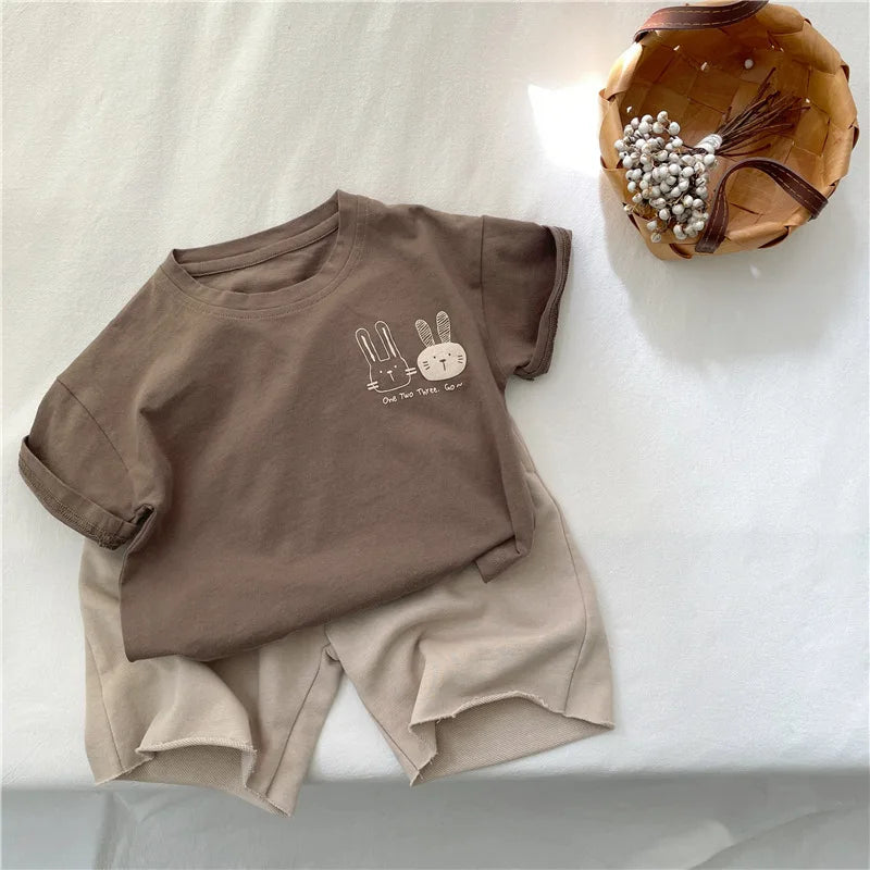 2026 Summer 2-8 Years Girls Boys Cute Print Rabbit Short Sleeve Cotton T-shirts Kids Tee