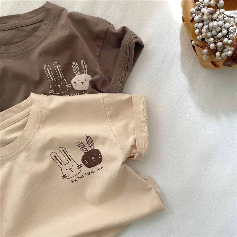 2026 Summer 2-8 Years Girls Boys Cute Print Rabbit Short Sleeve Cotton T-shirts Kids Tee